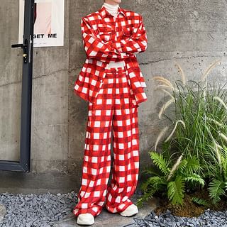 Set: Plaid Shacket + Mid Rise Wide Leg Pants