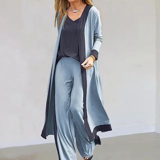 Set: Sleeveless V-Neck Plain Top + High Rise Two Tone Wide-Leg Pants + Long-Sleeve Open Front Contrast Trim Light Jacket