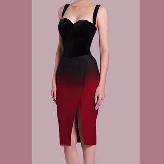 Set: Wide Strap Velvet Camisole Top + High Waist Ombre Slit Asymmetrical Mini Pencil Skirt