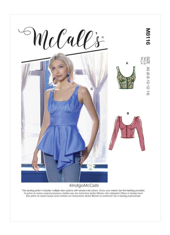 Sewing Pattern For Womens Tops, Bustier Tops With Peplum & Sleeve Option, Mccalls M8116, New Pattern, Easy Sew Fitted