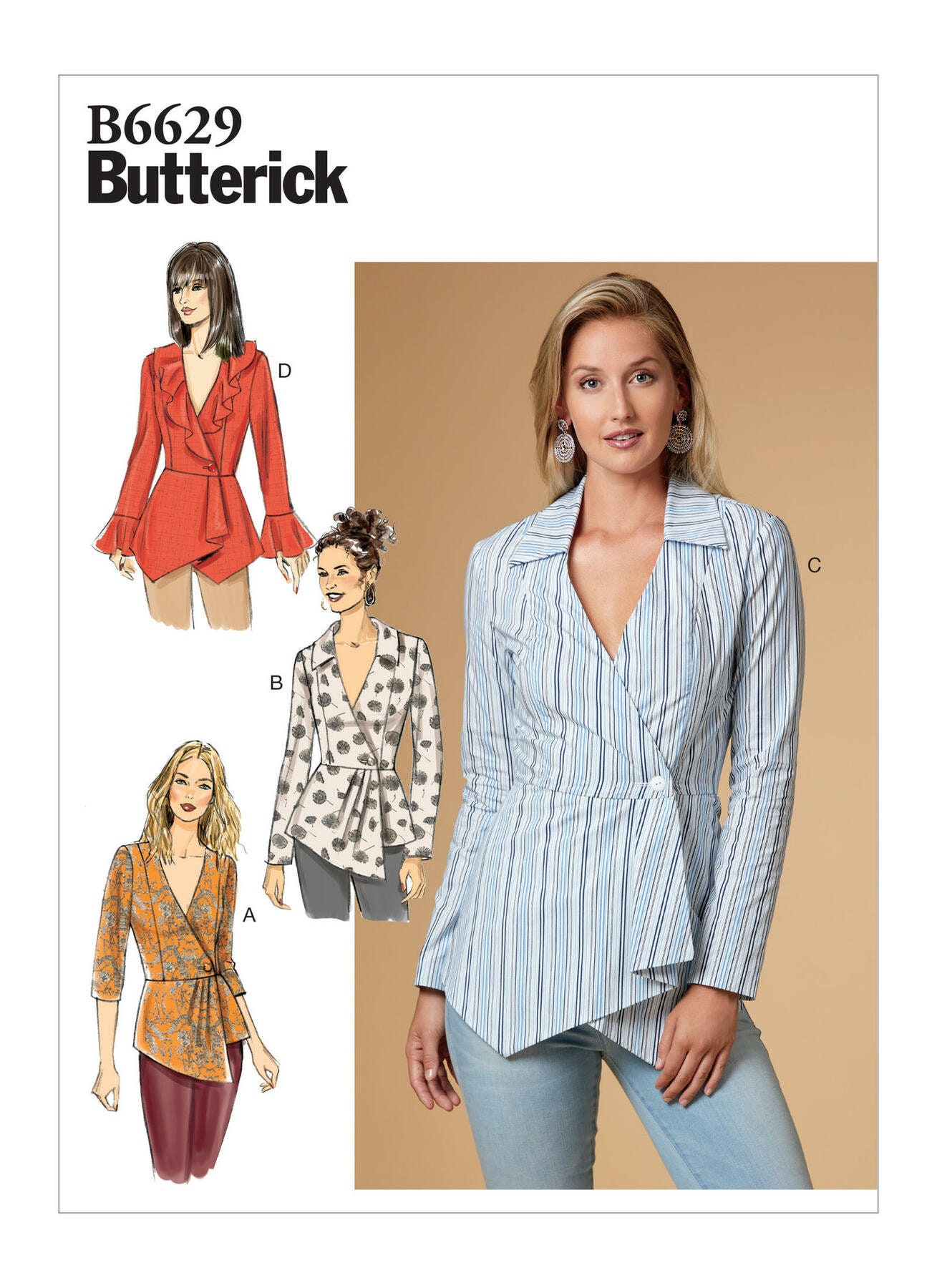 Sewing Pattern For Women's Tops, Peplum Button Front Fitted Long Sleeve Butterick 6629, Size 6-14 14-22, Uncut Ff