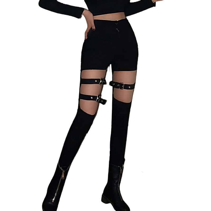 Sexy Elastic Gothic Pants with Buckles / Female Stretch Skinny Trousers