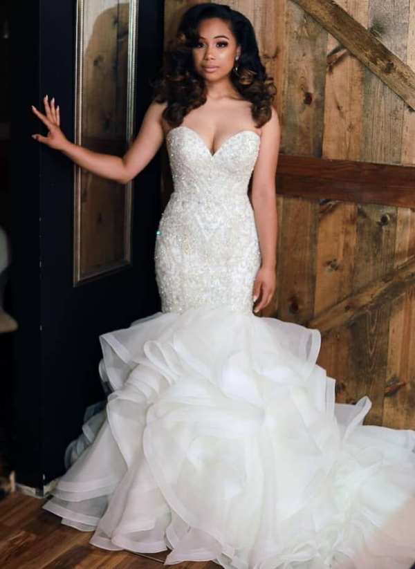 Sexy Mermaid Beaded Wedding Dresses | Sweetheart Neck Ruffles Skirt Bridal Gowns