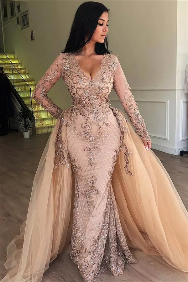 Sexy Mermaid V-neck Long Sleeves Appliqued Prom Dresses with Detachable Skirt