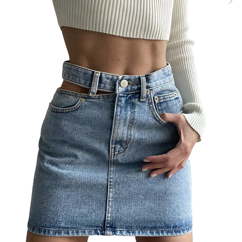 Sexy Women's Light Blue Denim Skirt / French Style Waist Hollow Out Mini Skirt