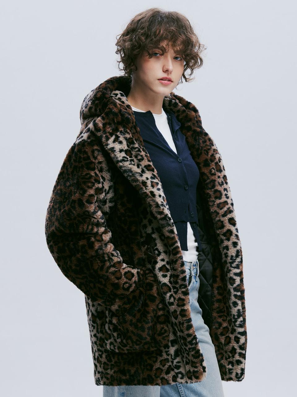 Shearling Duffle Oversized Hooded Coat [Leopard]