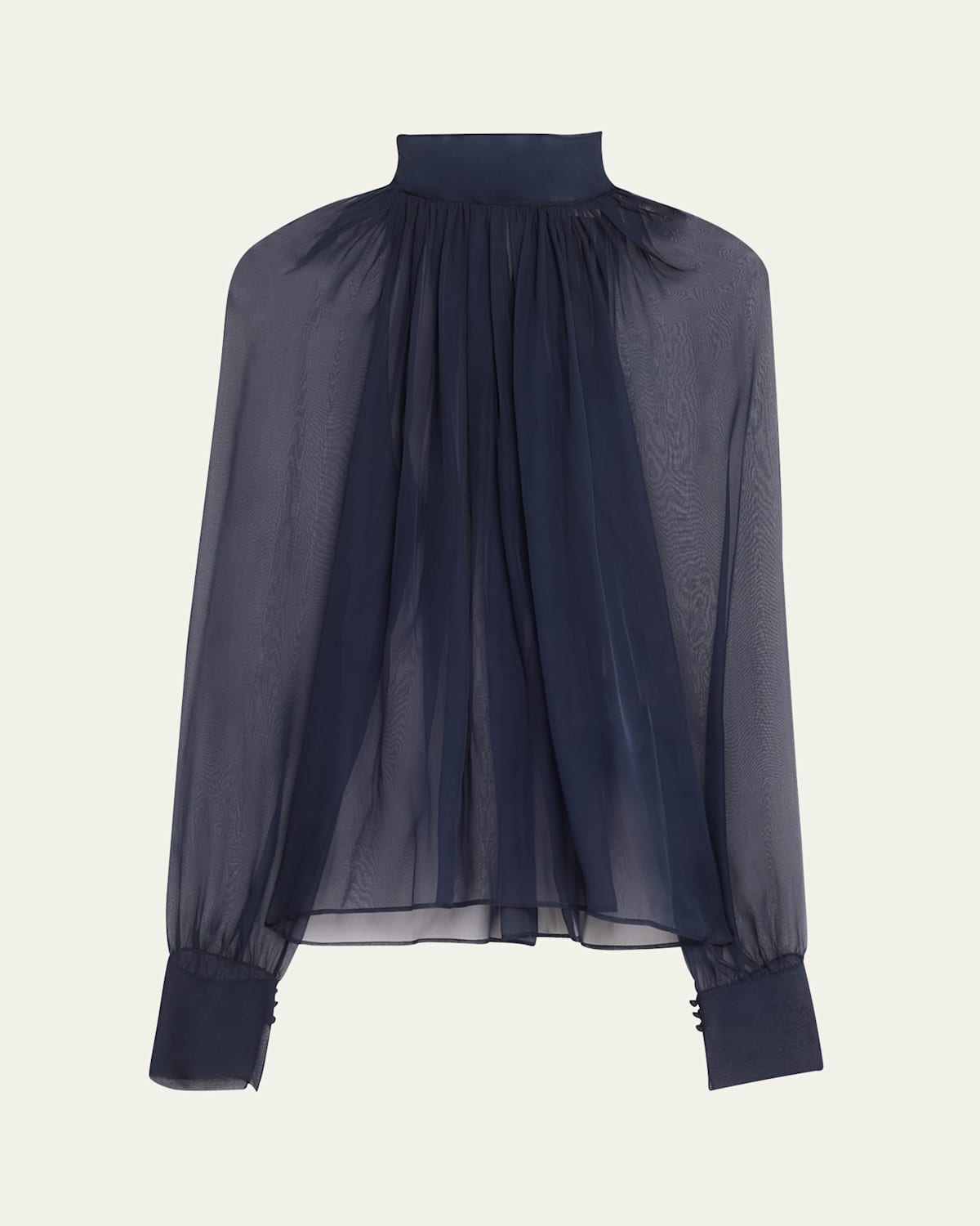 Sheer Ruched Hig-Neck Blouse