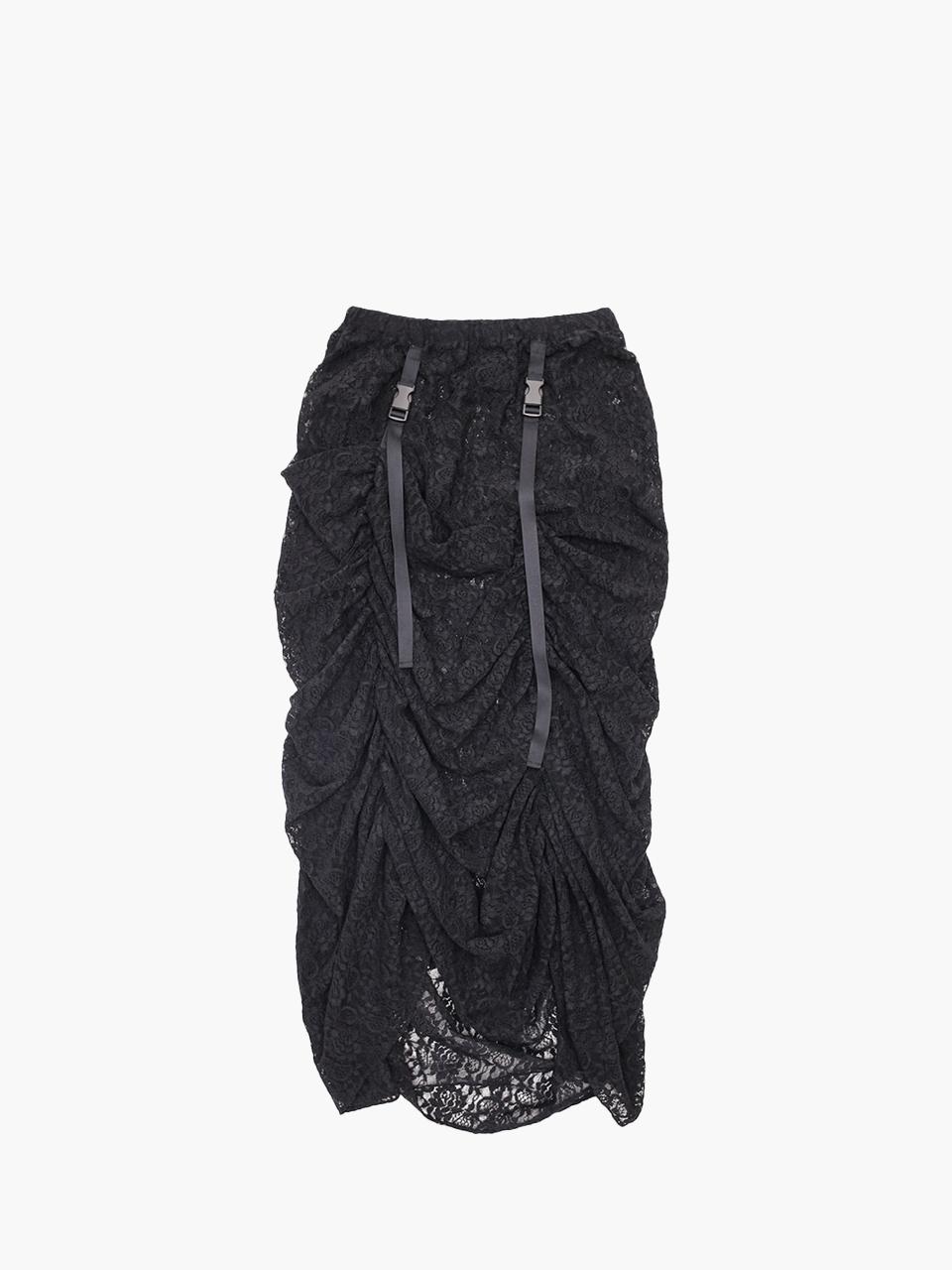 Sheer Shirred Asymmetrical Skirt [Black]