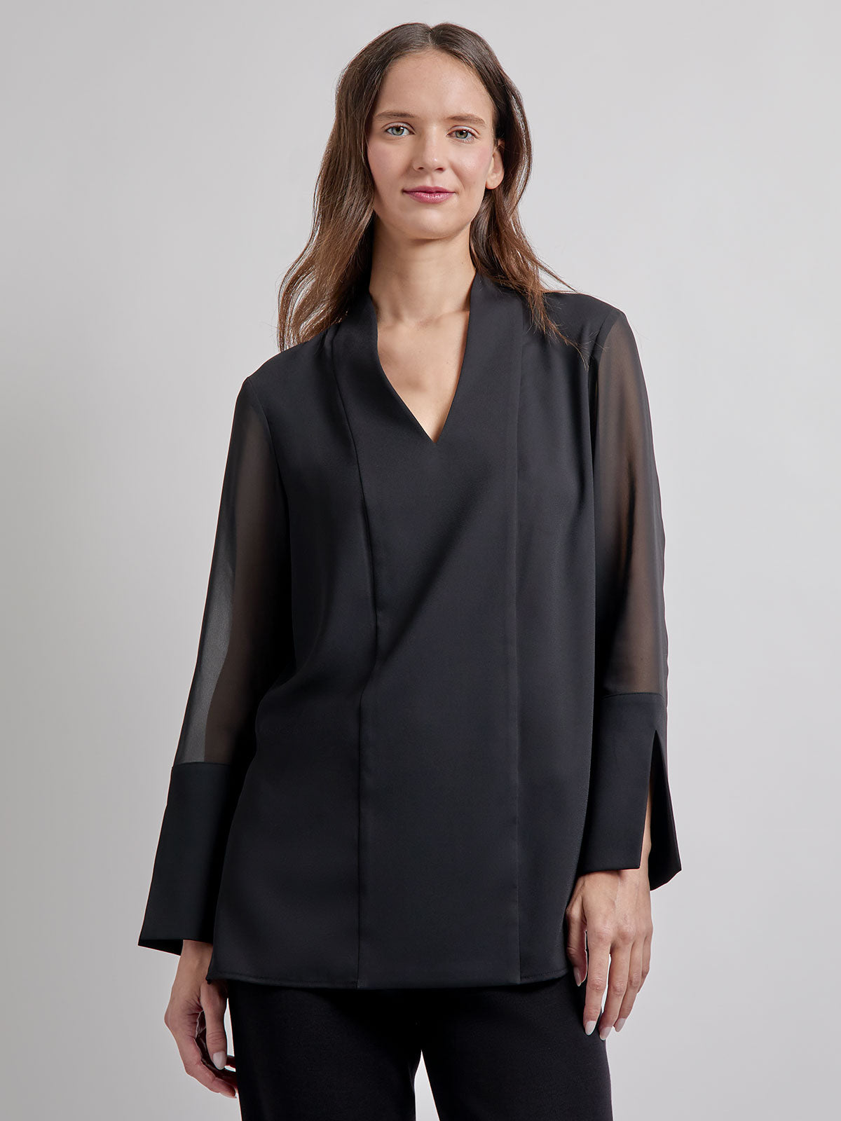 Sheer Sleeve Crepe de Chine Blouse