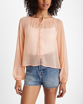 Sheer Smocked Balloon Sleeve Button Up Shirt