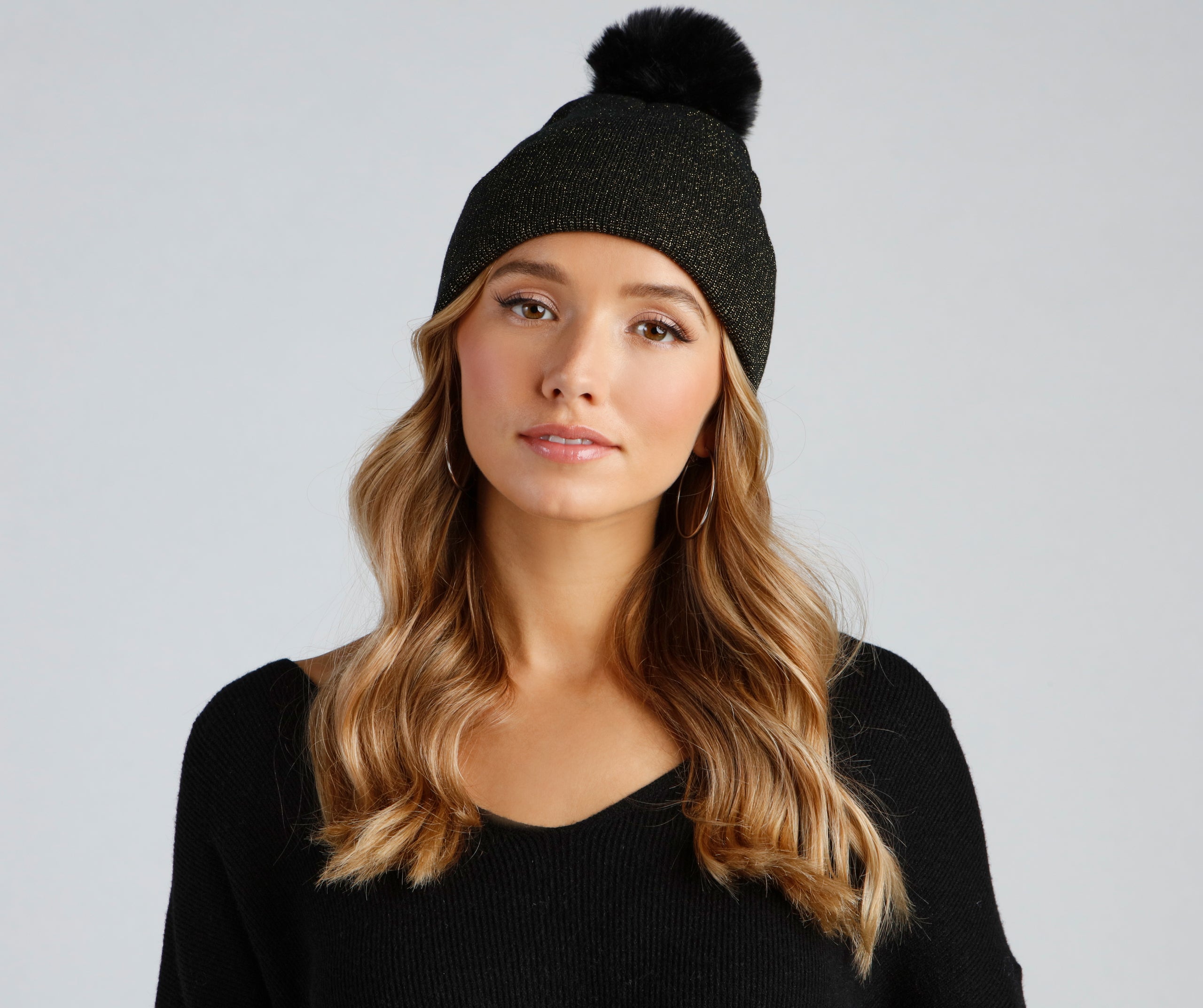 Shimmer Lurex Faux Fur Pom Beanie