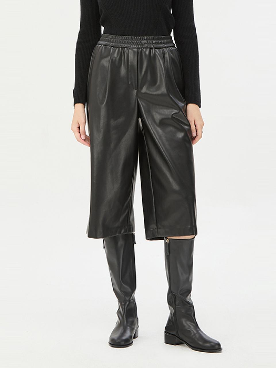 Shine Leather Crop Elastic Waist Pants (SAPT39461BK)