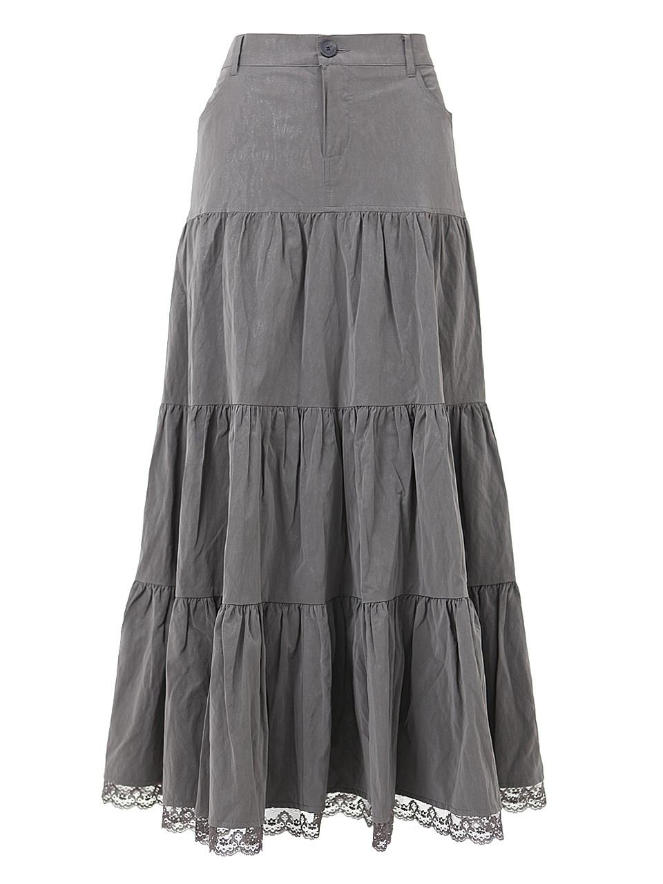 Shirring Tiered Lace Hem Skirt [Dark Grey]