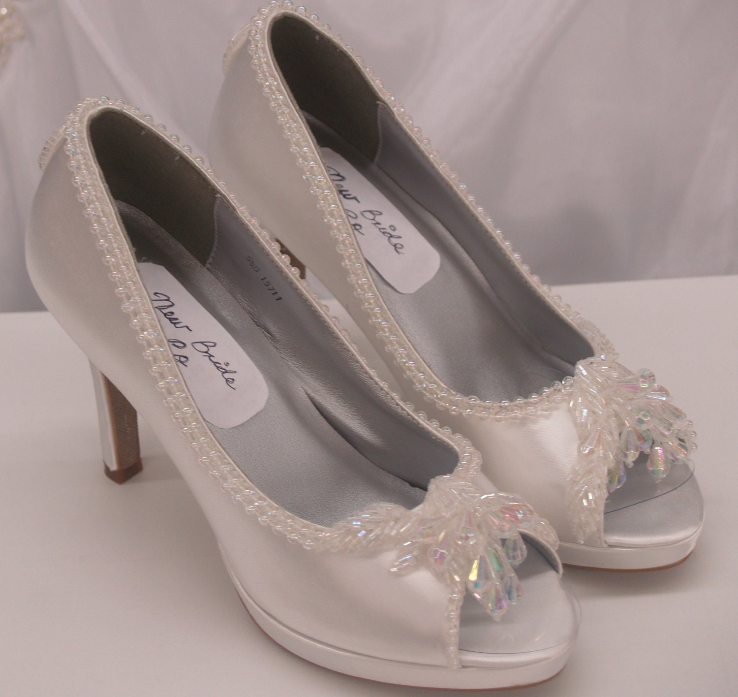 Shoes 5 1/2 White High Heel Iridescent Color Embellished, Size 5.5, White Satin, Peep Toe, Modern Cinderella, Ready To Ship