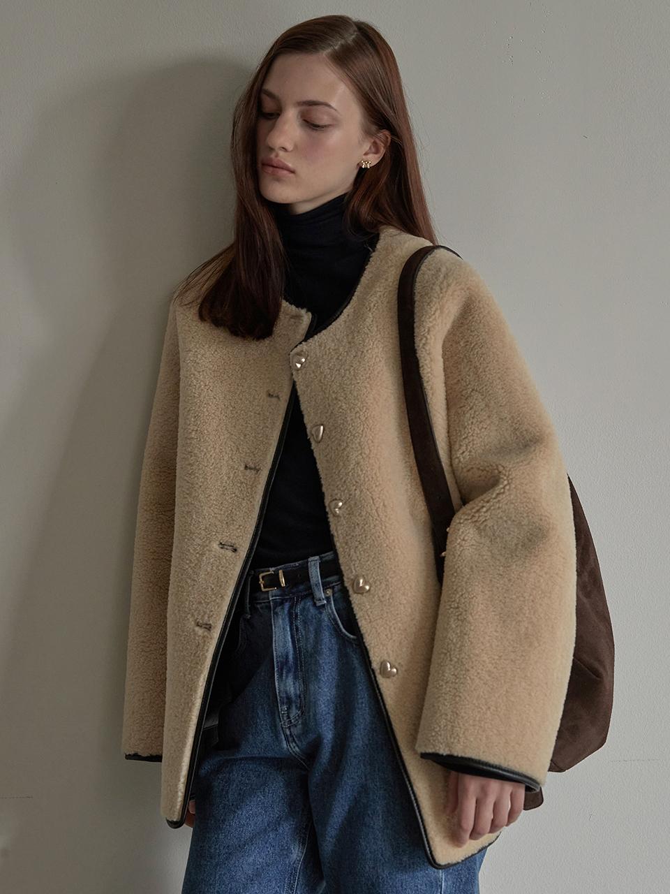 Short Length Shearling Coat - Beige