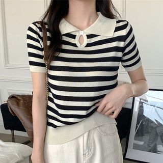 Short-Sleeve Cutout Striped Knit Polo Top