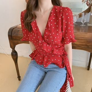 Short-Sleeve Heart Patterned Chiffon Wrap Top