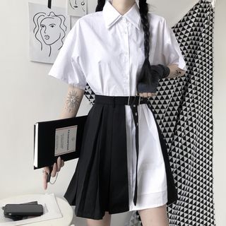 Short-Sleeve Layered Collar Plain Long Shirt / High Waist Plain Pleated Asymmetrical Mini A-Line Skirt