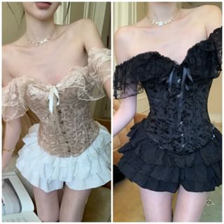 Short-Sleeve Off Shoulder Patterned Ruffle Bow Corset Top / High Waist Plain Tiered Mini A-Line Skirt