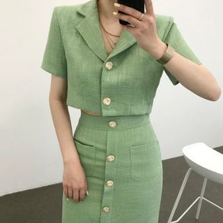 Short-Sleeve Tweed Cropped Blazer / Midi Pencil Skirt