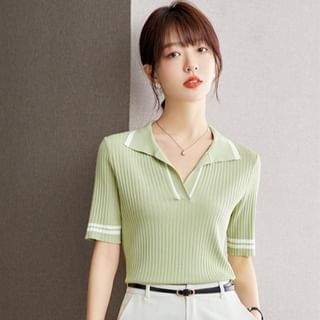 Short-Sleeve Two Tone Knit Polo Top