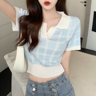 Short Sleeve V-Neck Plaid Crop Polo Top