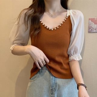 Short-Sleeve V-Neck Two Tone Blouse