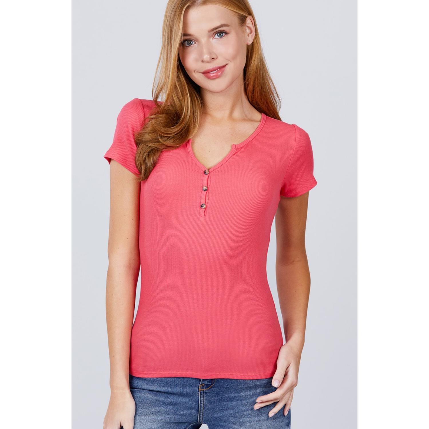 Short Sleeve W/button Detail Henley Neck Rib Knit Top