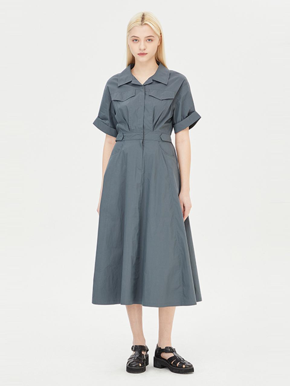 Short-sleeve Shirt-style A-line Cotton-nylon Dress (SAOP83431DG)