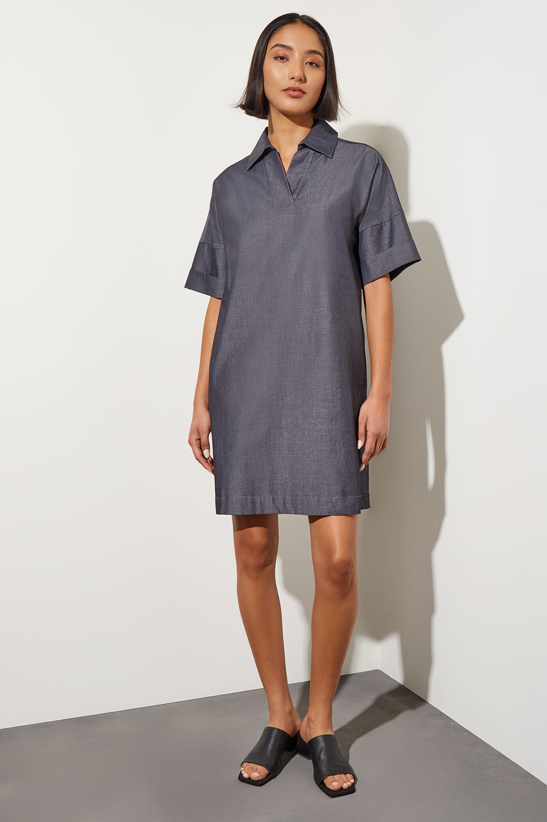 Side Pocket A-Line Chambray Shirt Dress, Dark Denim