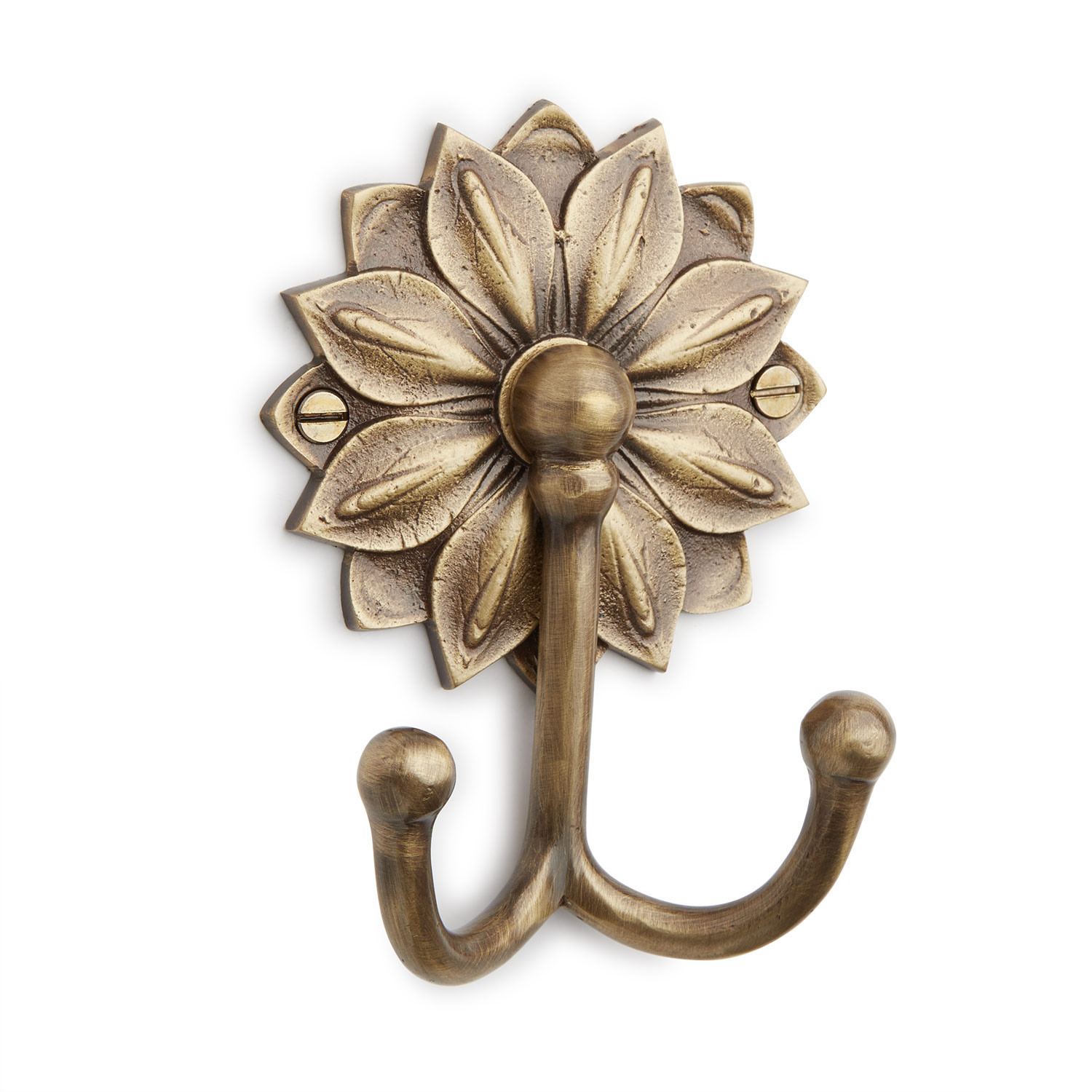 Signature Hardware 946092 Floral 3-1/8 Inch Wide Double Coat and Hat Hook Antique Brass Hooks Coat and Hat Hooks