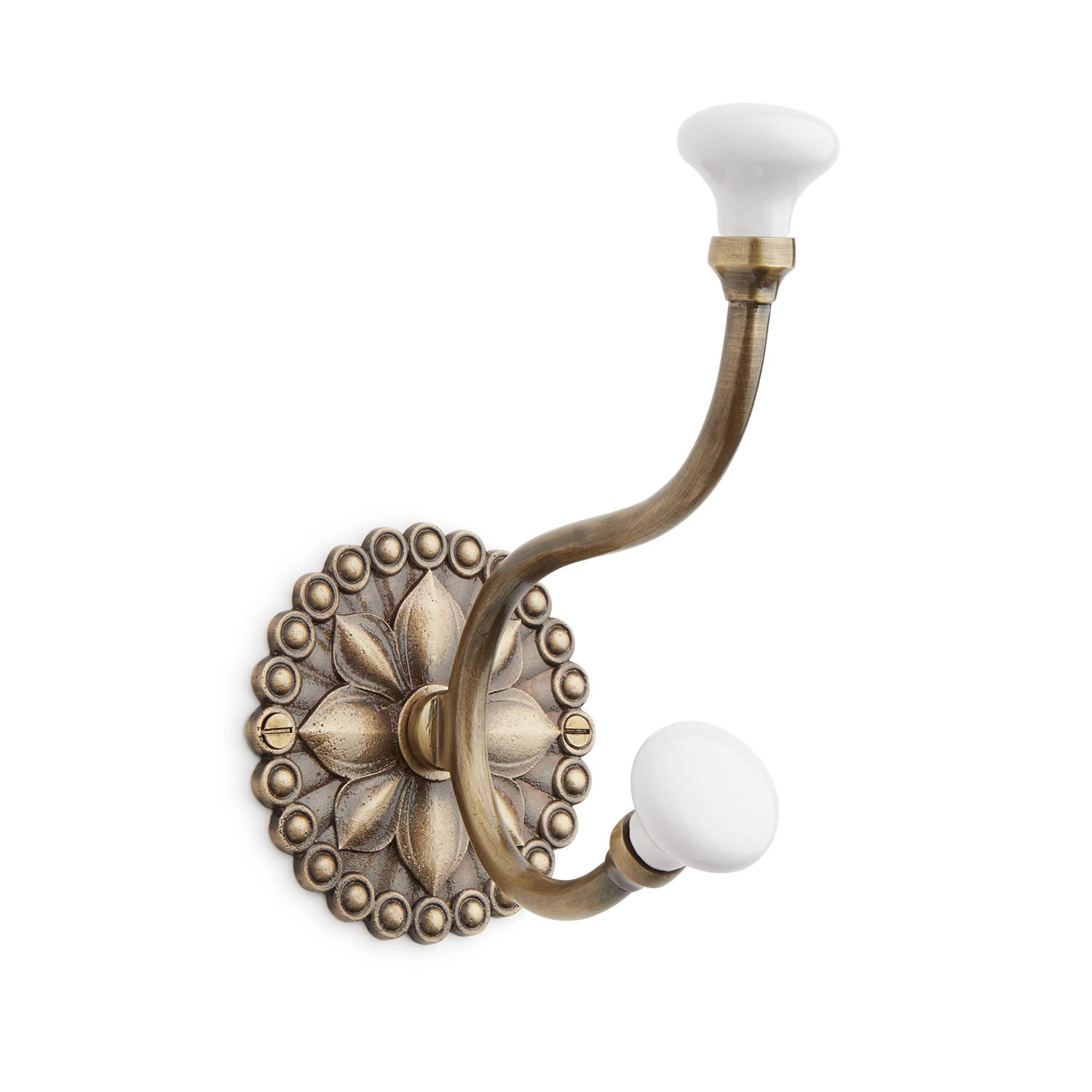 Signature Hardware 946096 Beaded Floral 3-3/8 Inch Wide Double Coat and Hat Hook Antique Brass Hooks Coat and Hat Hooks