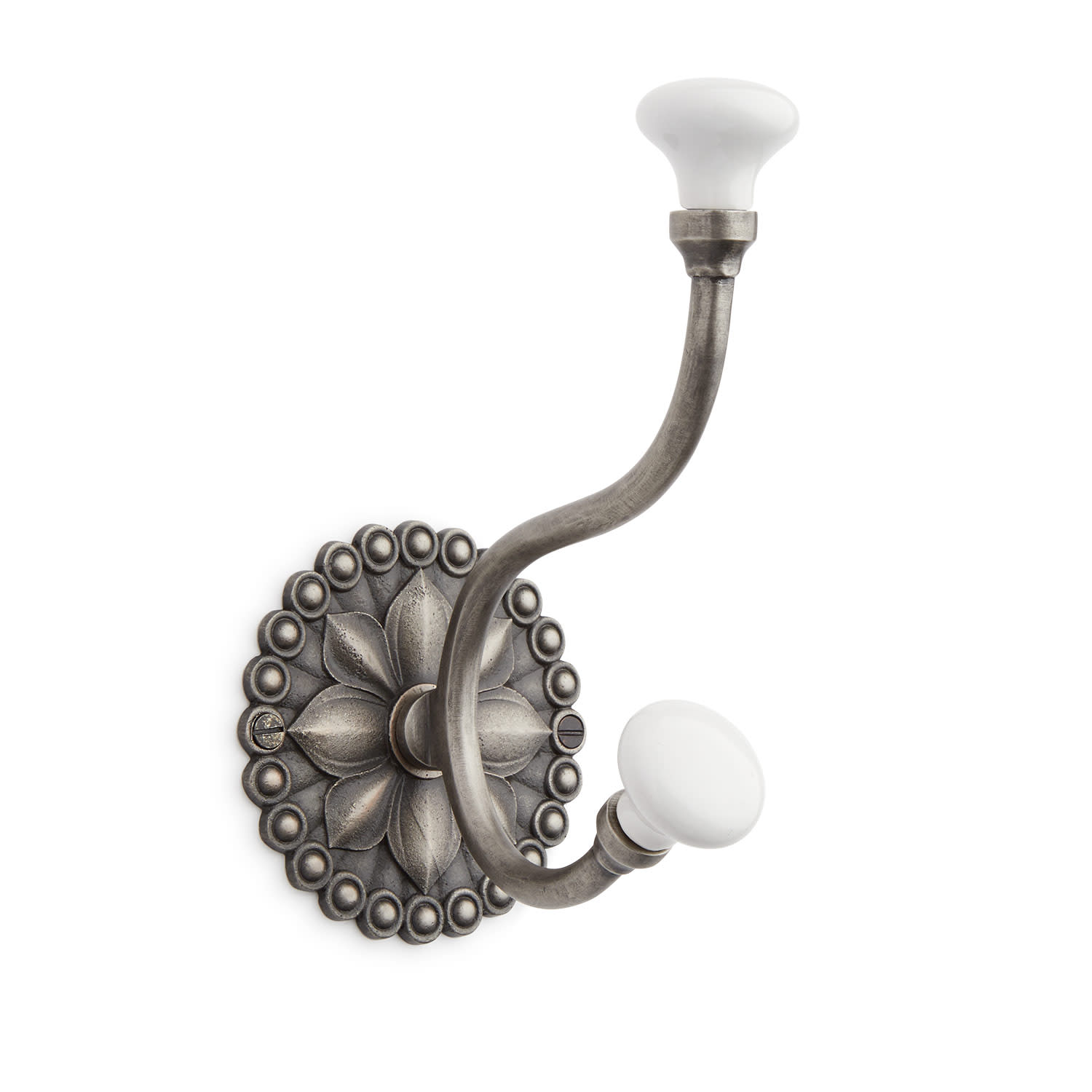 Signature Hardware 946096 Beaded Floral 3-3/8 Inch Wide Double Coat and Hat Hook Antique Pewter Hooks Coat and Hat Hooks