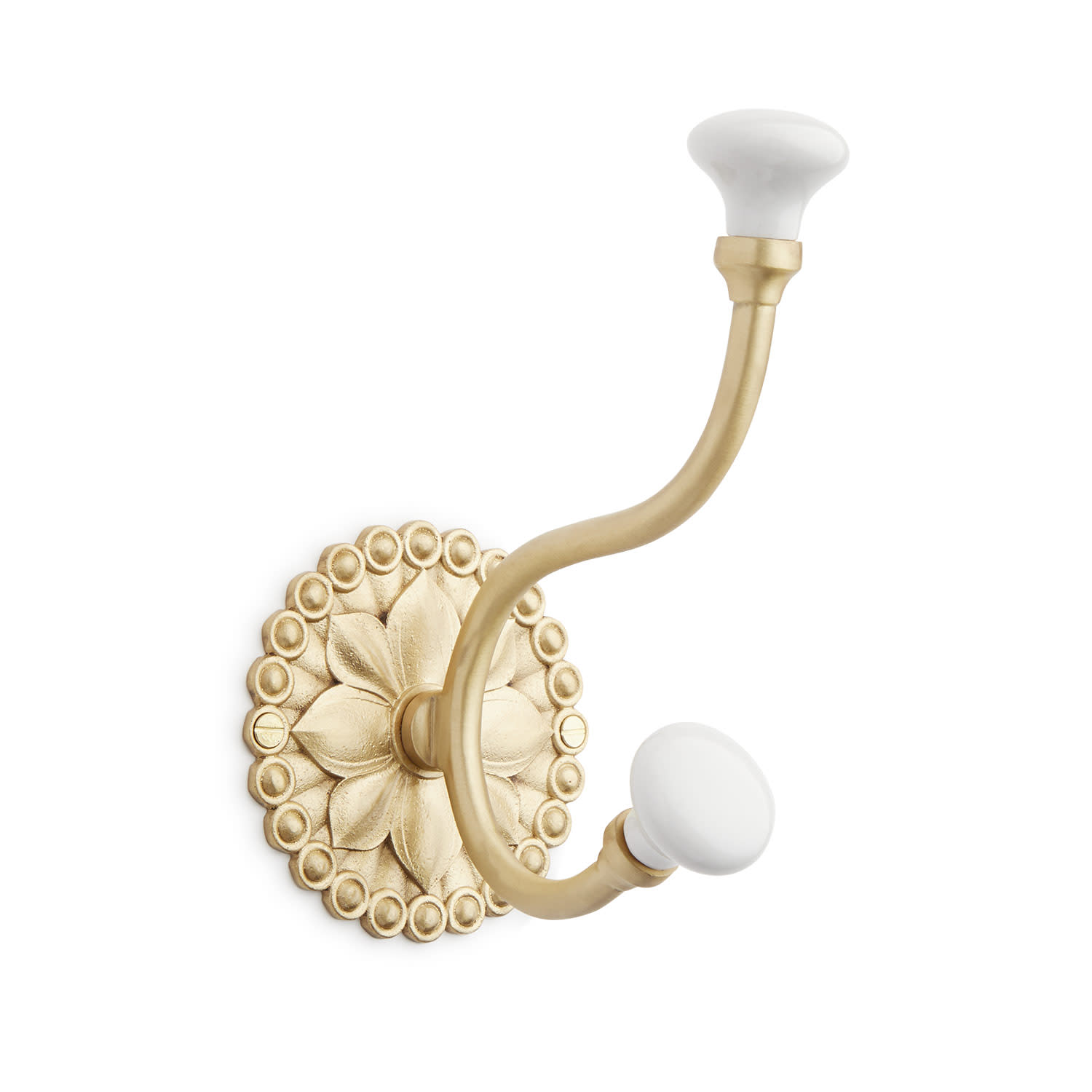 Signature Hardware 946096 Beaded Floral 3-3/8 Inch Wide Double Coat and Hat Hook Satin Brass Hooks Coat and Hat Hooks