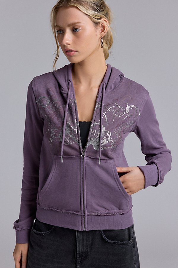 Silence + Noise Avril Purple Heart Graphic Zip-Up Hoodie Sweatshirt in Purple, Women's at Urban Outfitters