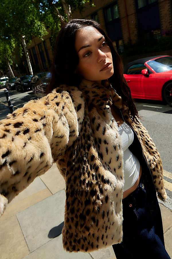 Silence + Noise Leopard Print Faux Fur Coat Jacket in Brown, Women's at Urban Outfitters