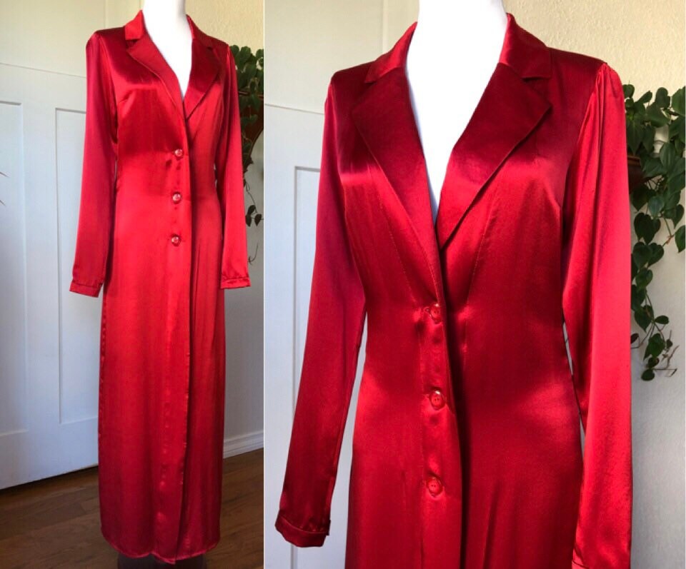 Silk Satin Rosy Red Unlined Long Maxi Blazer Women Jacket Suit Coat Blouse Top Size Xs S 1990S 90S Vintage Y2K Lightweight Gown Dress Duster