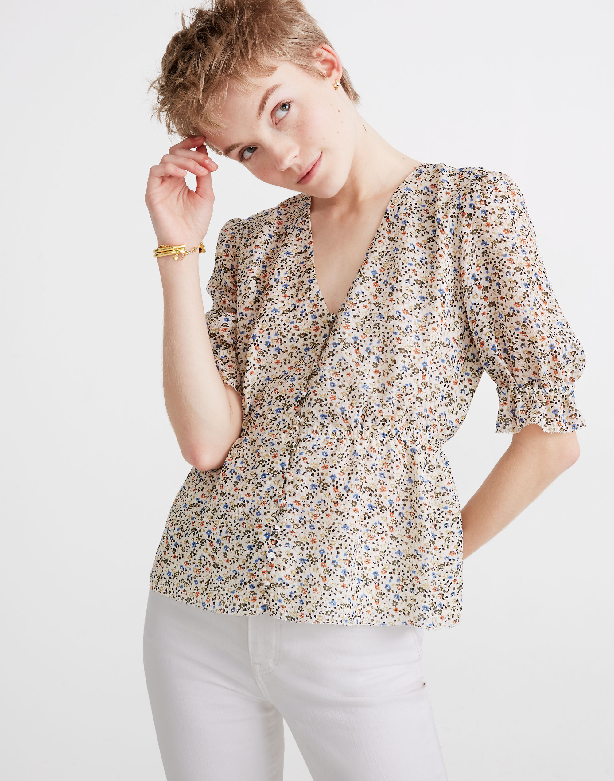 Silk V-Neck Peplum Popover Top in Fieldwalk Floral