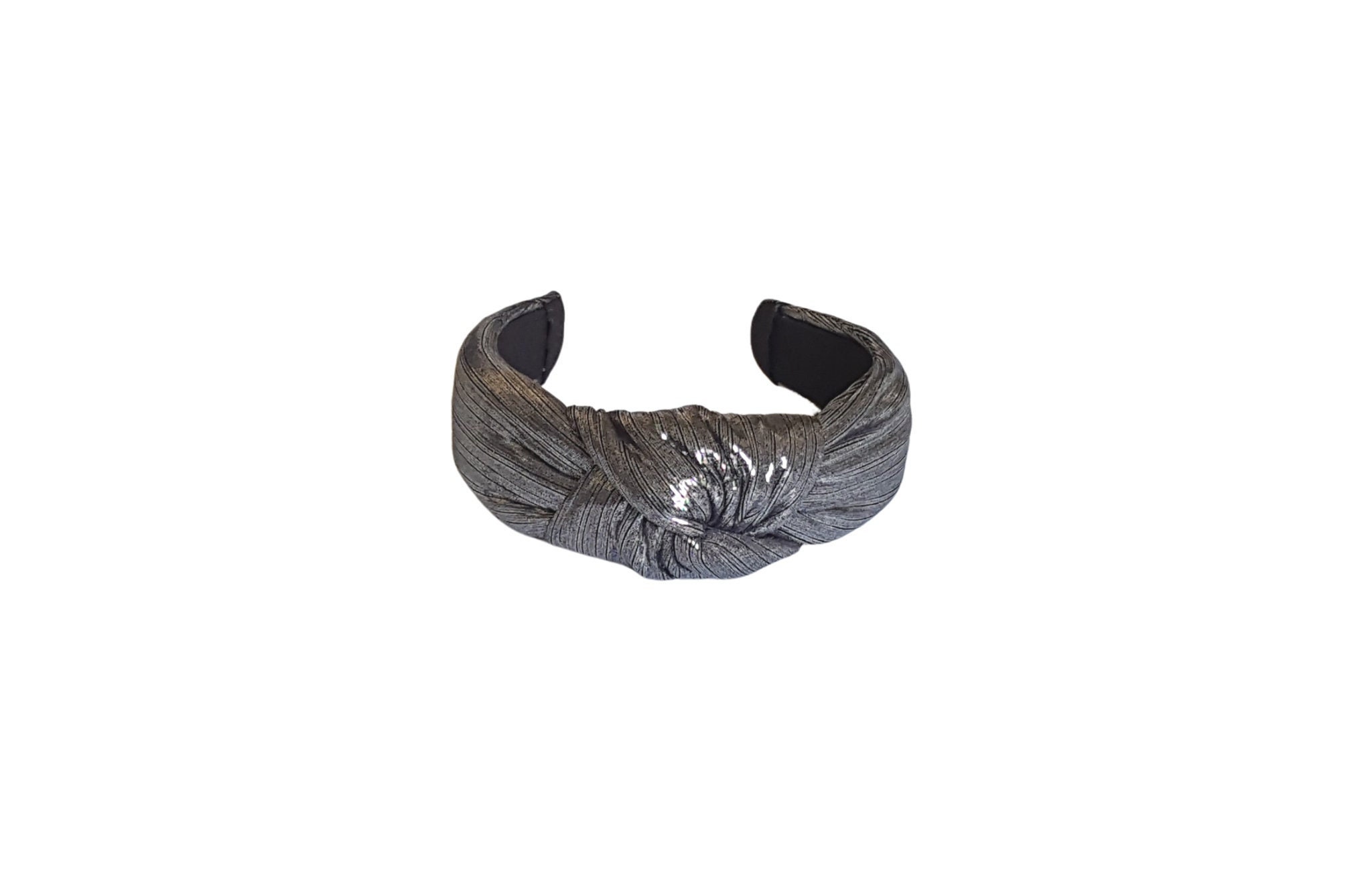 Silver Knotted Headband For Women, Black & Metallic Foil Ribbed Knit Top Knot Hairband