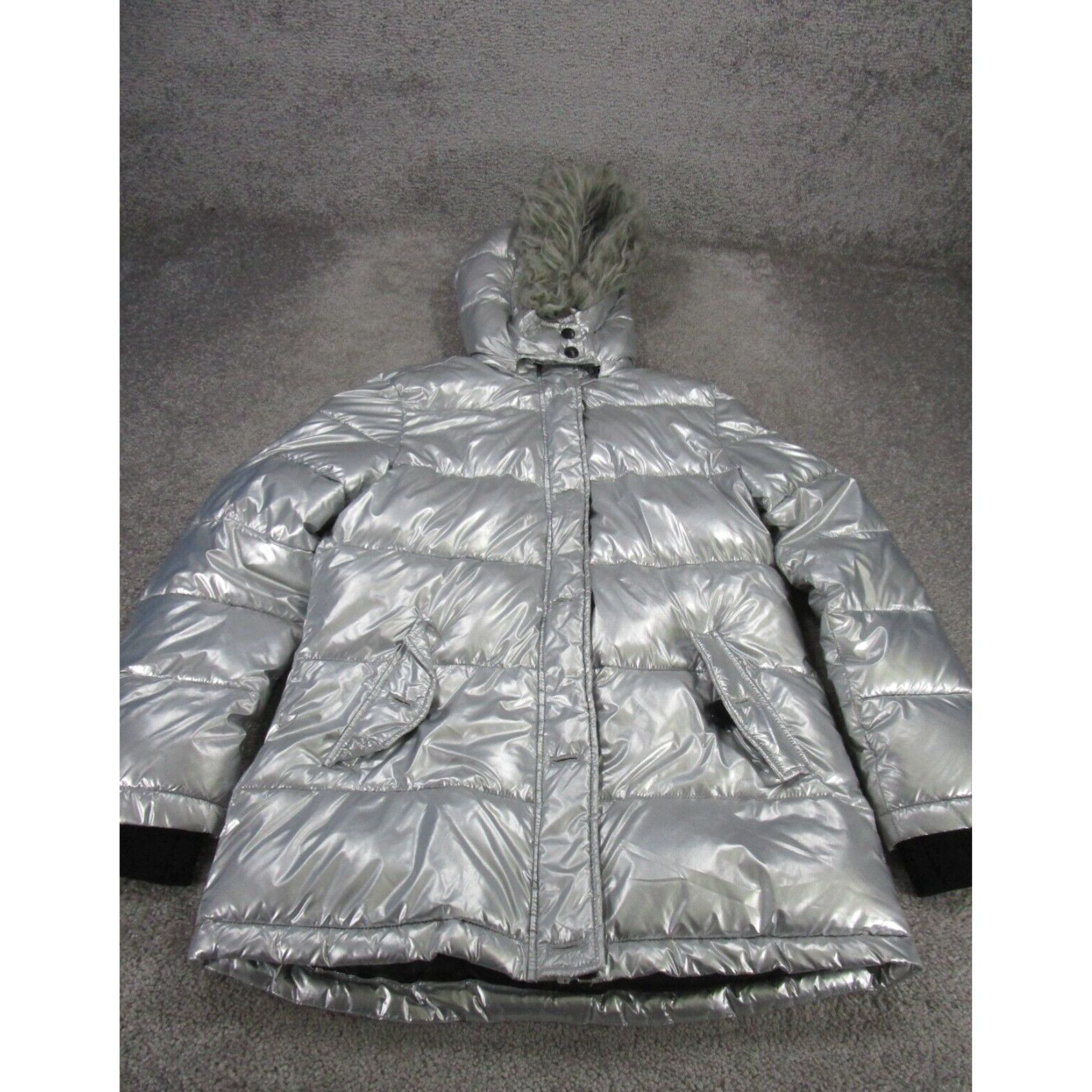 Silver Metallic Puffer Hooded Diesel Jacket For Women In Size 14 in White