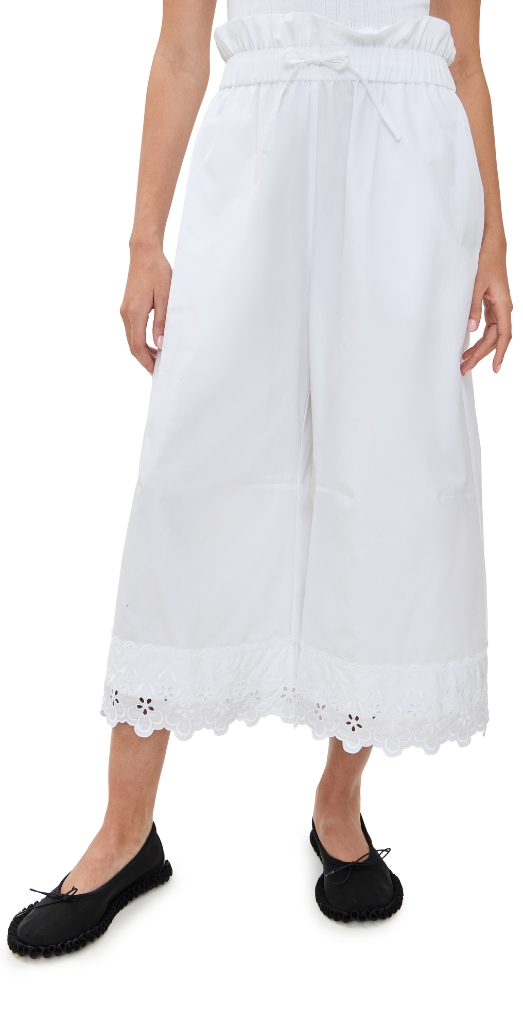 Simone Rocha Elasticated Ruffle Waist Cropped Trousers with Trim White 6