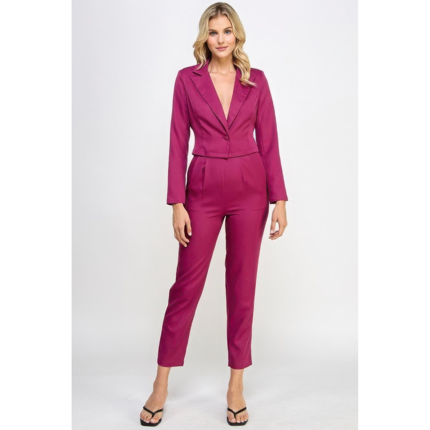 Single Button Crop Blazer With Tailored Pants Set