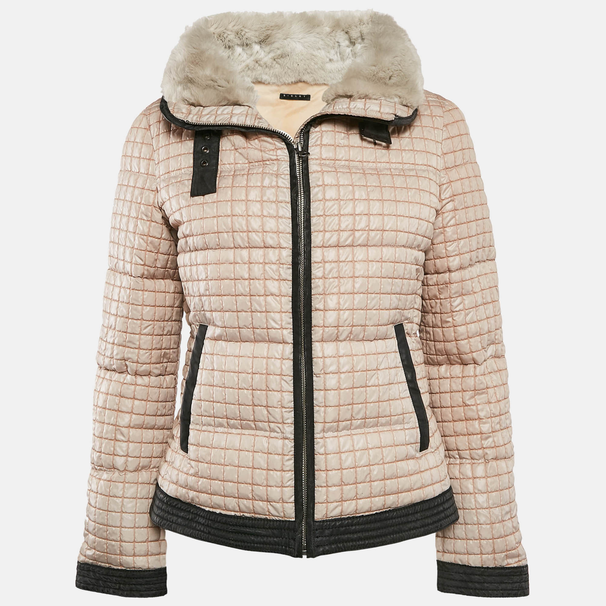 Sisley Beige Crepe Fur Collar Detail Quilted Puffer Jacket M