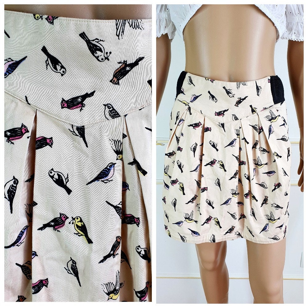 Sister Gift Bird Print Skirt Skater Pocket Womens Vintage Beach Summer Circle Mini M