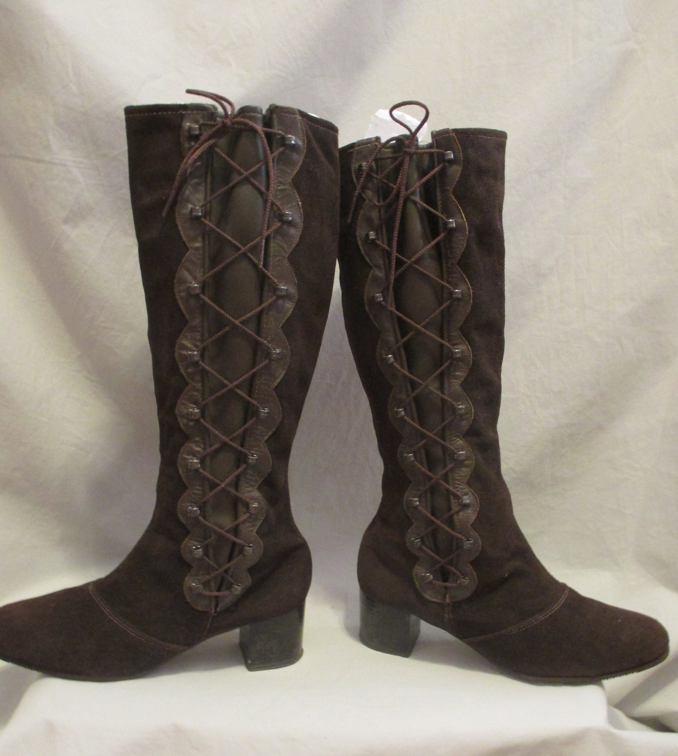 Size 7.5 Vintage 60S 70S Suede Granny Prairie Boots With Lace-Up Sides ~Pristine Condition