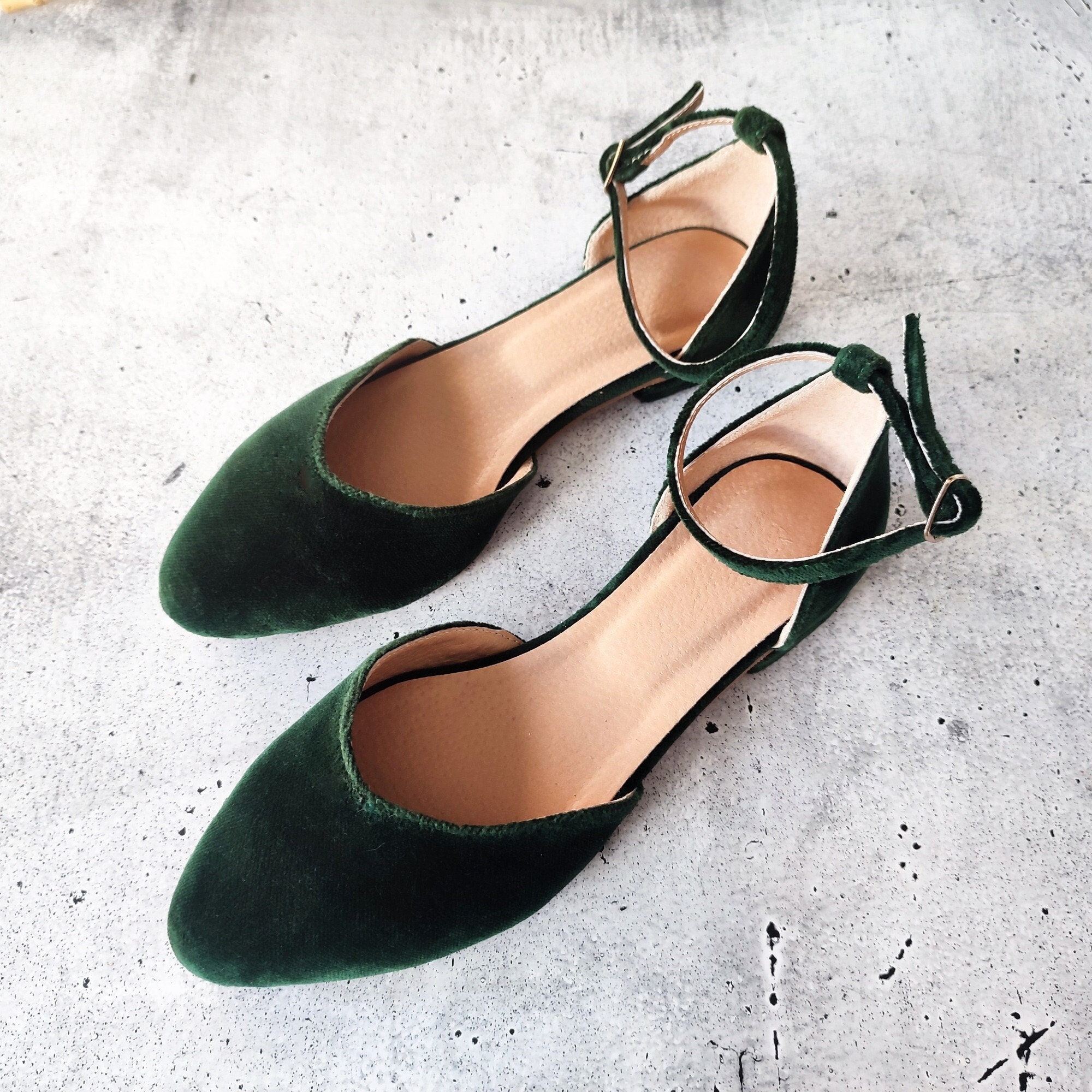 Size Eur38 Ready To Ship, Green Velvet Women's Pointed Toe Shoes, Bridal Ballet Flats, Dark V Cut Ankle Strap Closed Sandals