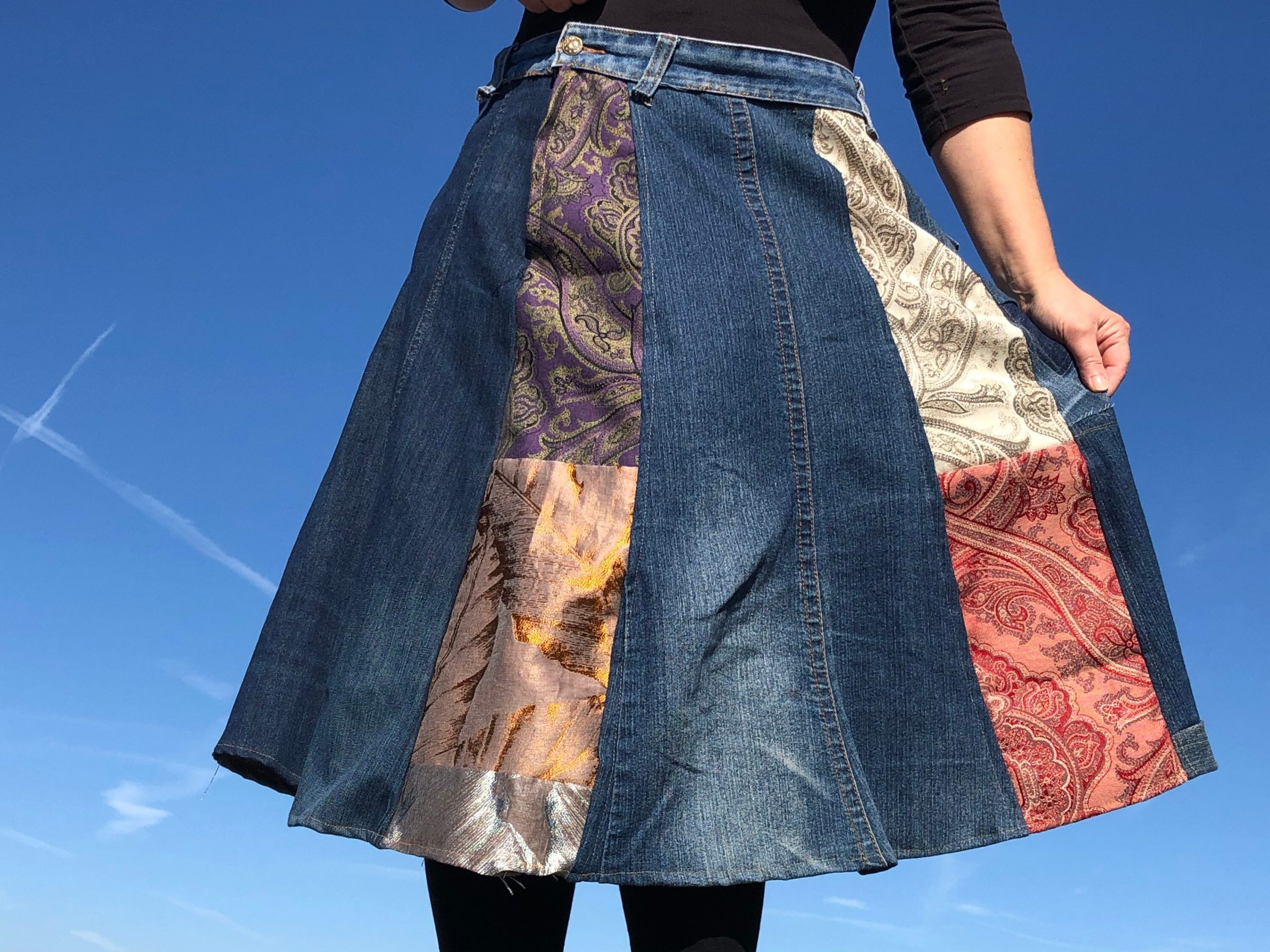 Size L Xl Xxl Blue Skirt Rainbow Stripes Colorful Denim Jean Buttons Multicolour Design Handmade Upcycled Unique Spring Fall Red