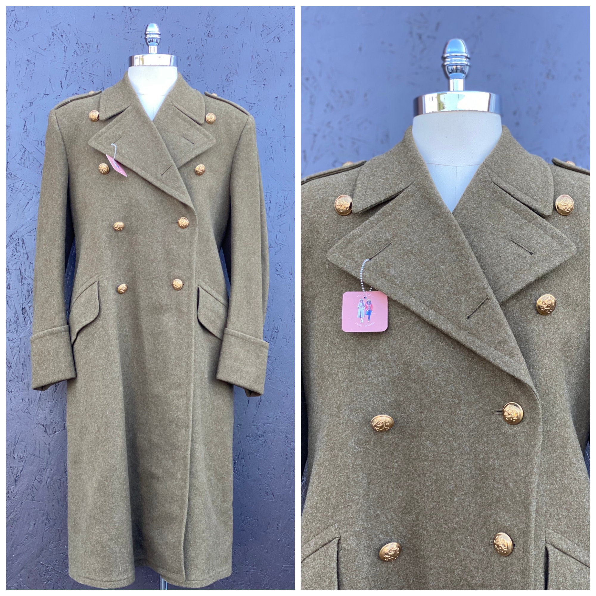 Size Large, Green Pea Coat, 1930S Wool Green Olive Vintage Free USA Shipping