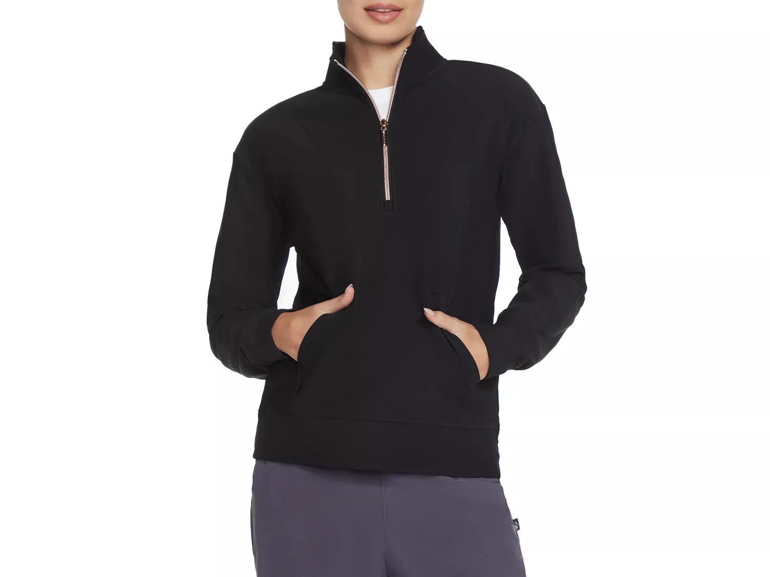 Skechers GO LUXE Rib Quarter Zip Sweatshirt | Women's | Black | Size S | Jackets | Hoodies & Sweatshirts | Sweaters