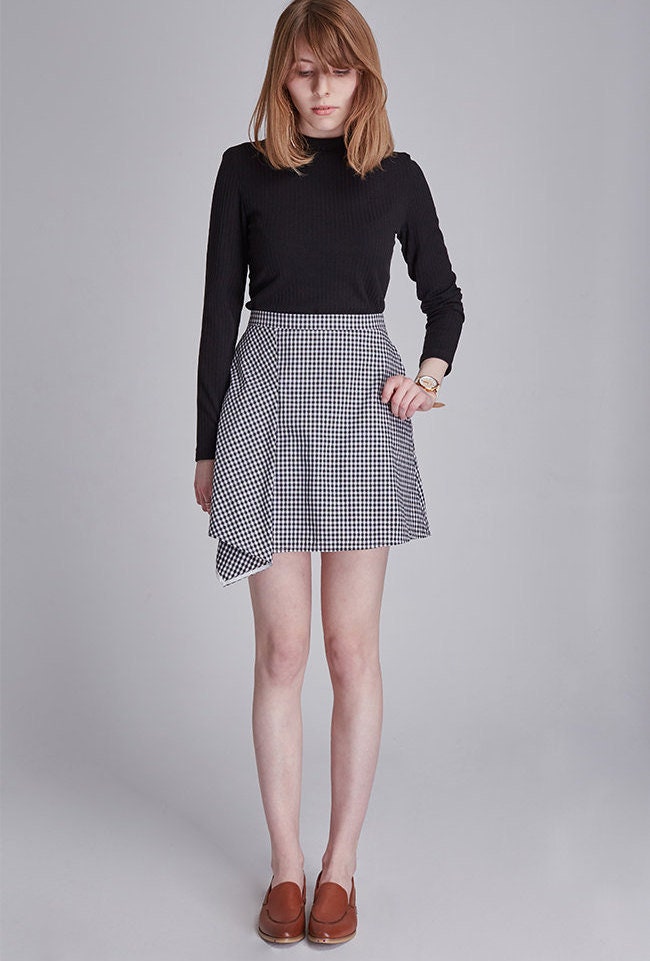 Skirt Black & White Asymmetric Gingham A Line Mini Short Skirt